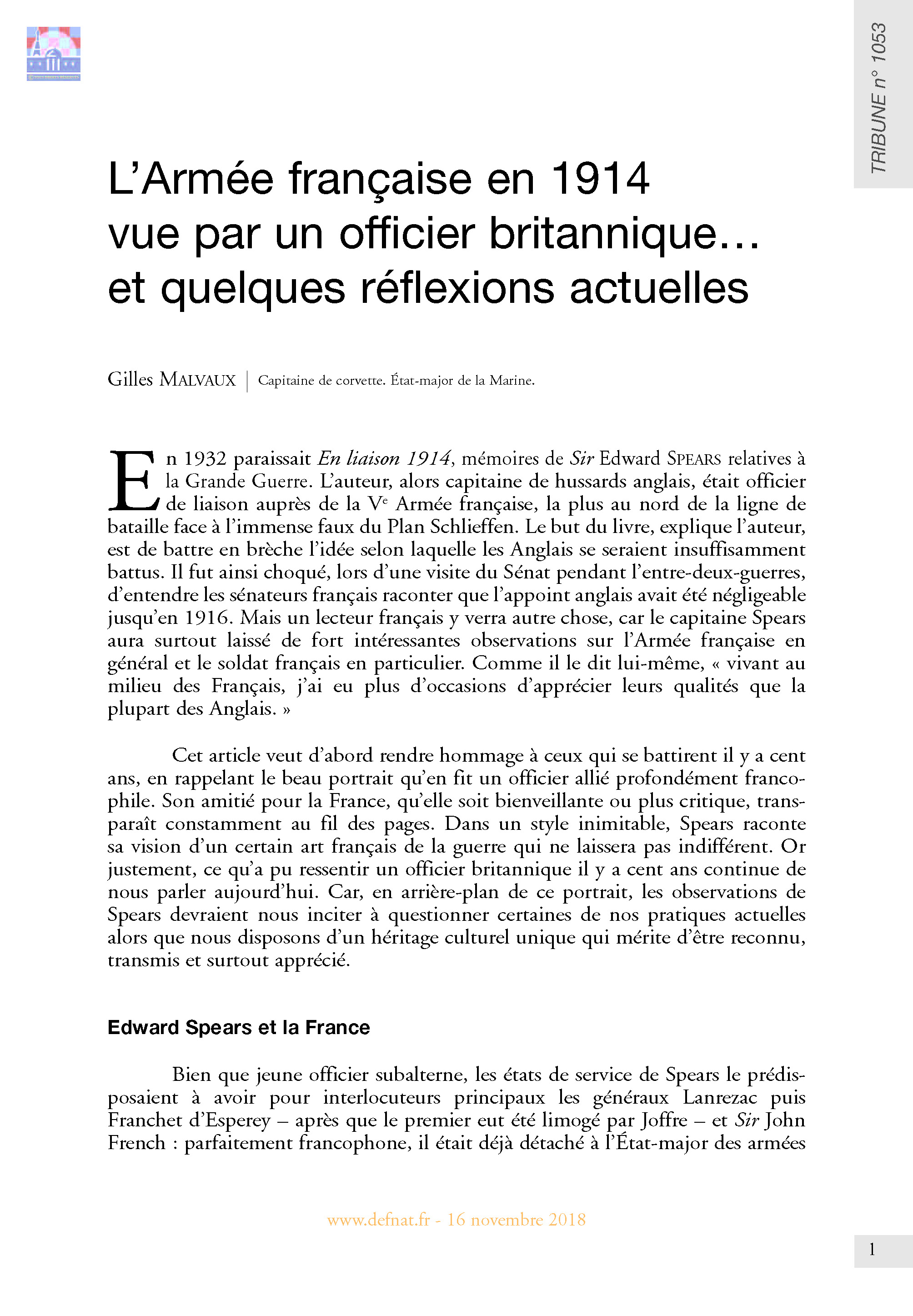 L’Armée française en 1914 vue par un officier britannique… et quelques réflexions actuelles (T 1053)
